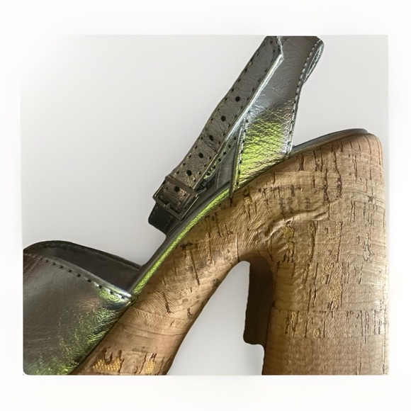 SCHUTZ Pattie Metallic Silver Leather Platform Cork Heel Chunky Sandal 10 - Picture 7 of 13